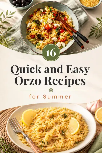 Pin titled “Quick and Easy Orzo Recipes for Summer”, showing a bowl of orzo salad under the large title.
